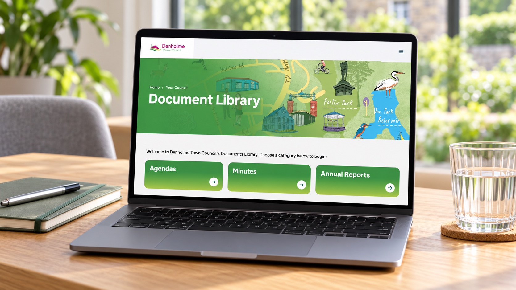 Denholme Town Council document library presented on a laptop